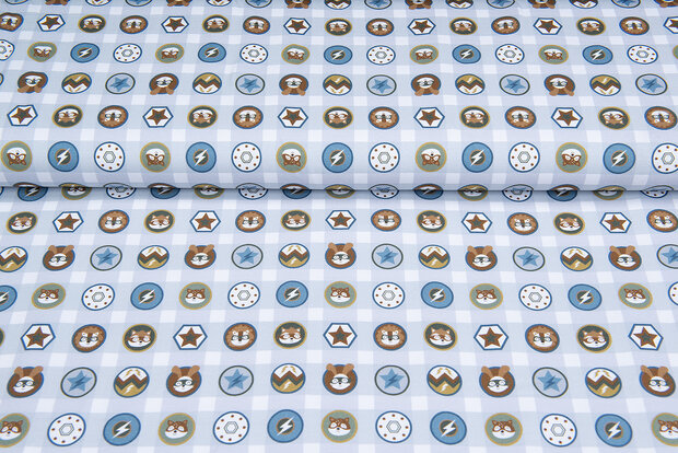 Katoenen Tricot bedrukt super bears stars blauw