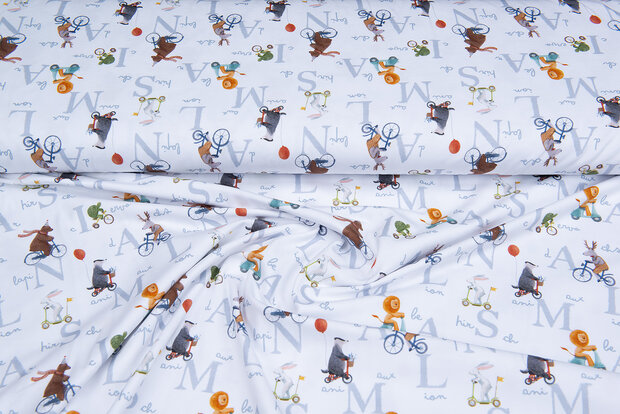 Katoenen Tricot bedrukt letter animals wit