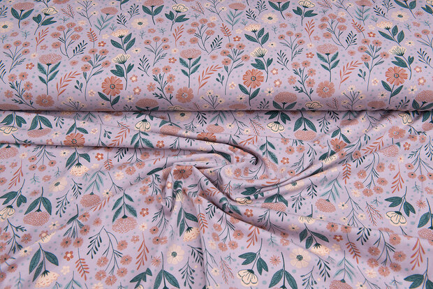 Katoenen Tricot bedrukt flower twigs oudroze