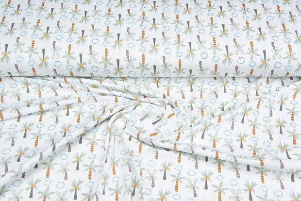 Katoenen Tricot bedrukt palmtree ecru-wit