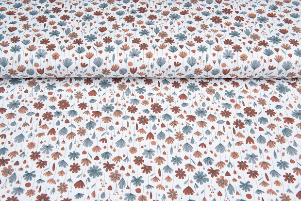 Katoenen Tricot bedrukt flowers ecru-wit