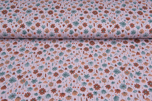Katoenen Tricot bedrukt flowers oudroze