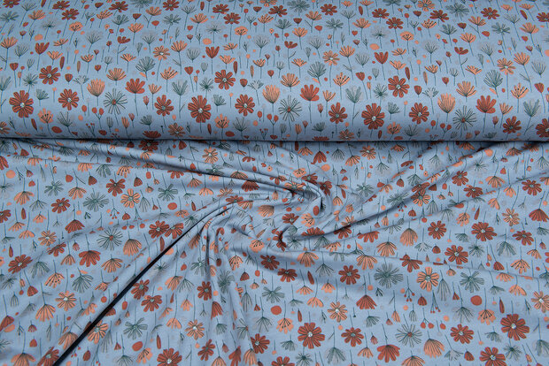 Katoenen Tricot bedrukt flowers metaalblauw