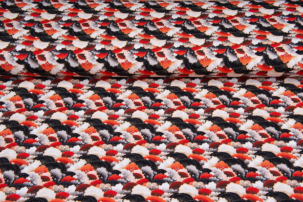 Katoenen Tricot bedrukt retro flowers rood-zwart