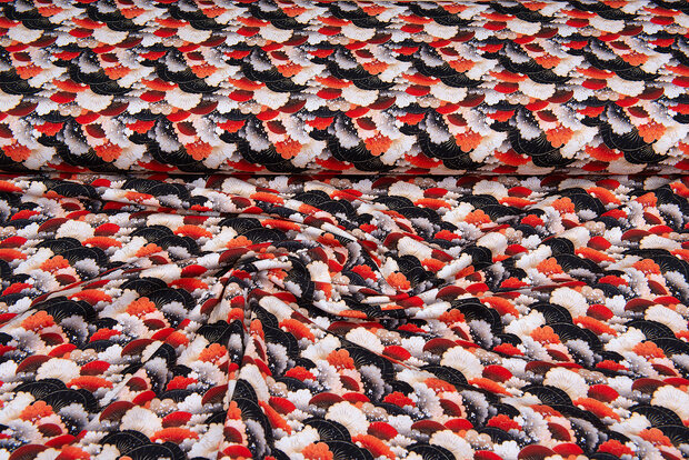 Katoenen Tricot bedrukt retro flowers rood-zwart