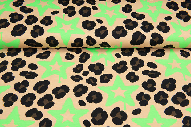Katoenen Tricot bedrukt leopard with stars neon groen
