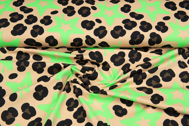 Katoenen Tricot bedrukt leopard with stars neon groen