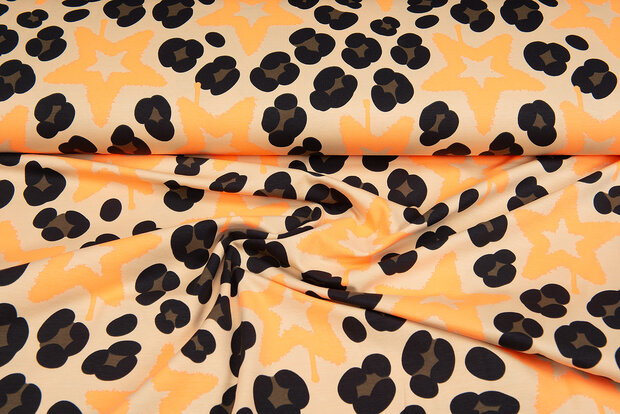 Katoenen Tricot bedrukt leopard with stars neon oranje