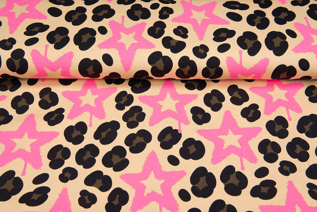 Katoenen Tricot bedrukt leopard with stars neon roze