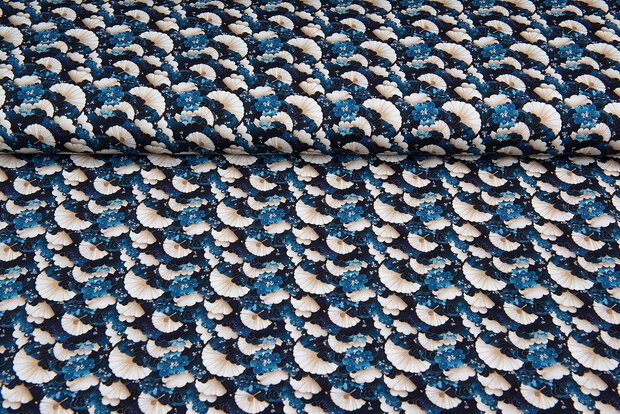 Katoenen Tricot bedrukt retro flowers blauw-beige
