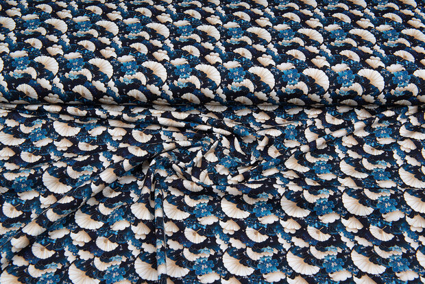 Katoenen Tricot bedrukt retro flowers blauw-beige