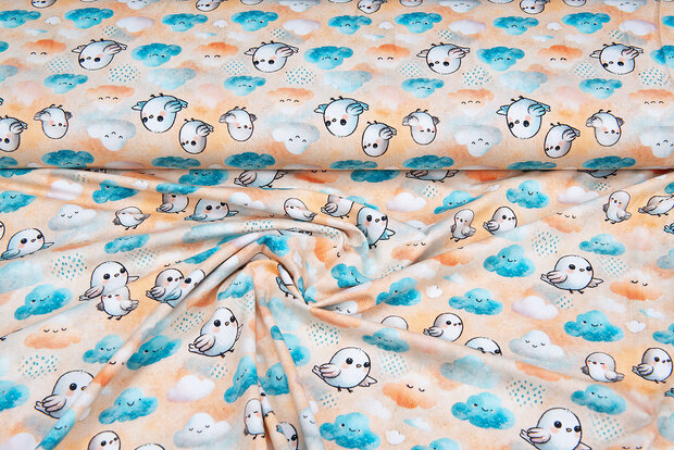 Katoenen Tricot bedrukt little chicken clouds