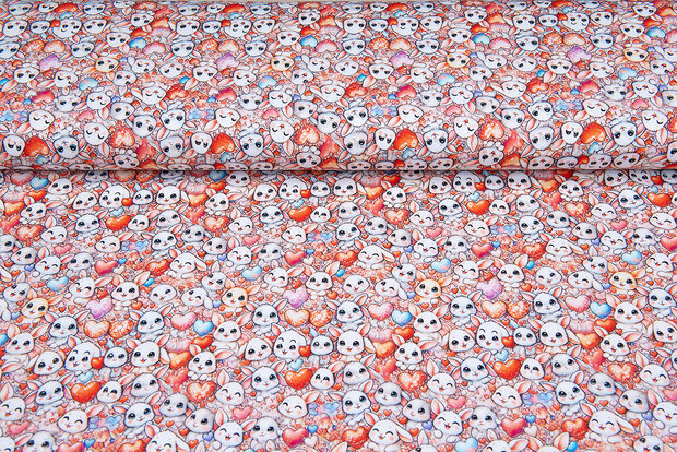 Katoenen Tricot bedrukt lovely rabbits