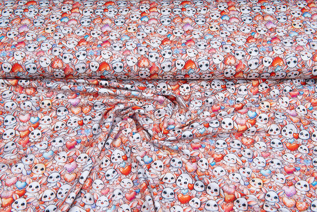 Katoenen Tricot bedrukt lovely rabbits