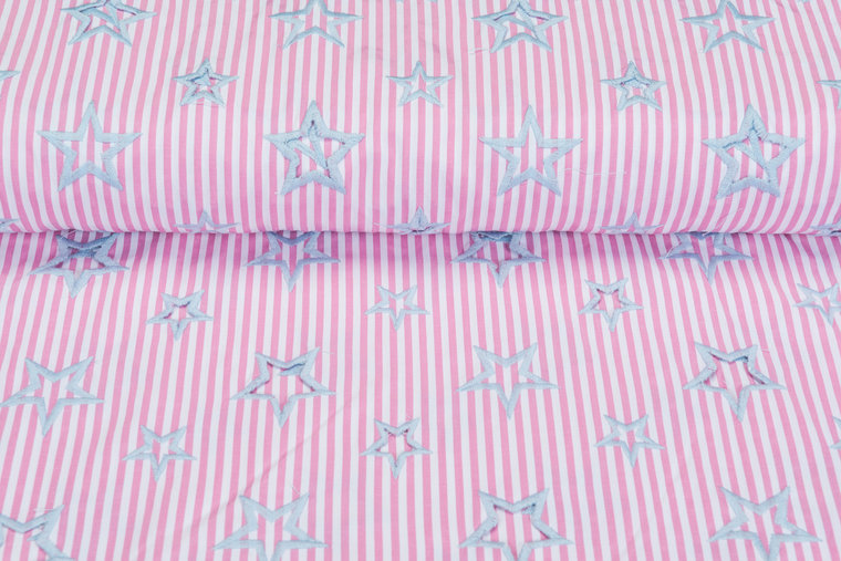 Katoen Poplin streep geborduurd ster JS364 roze-lichtgrijs