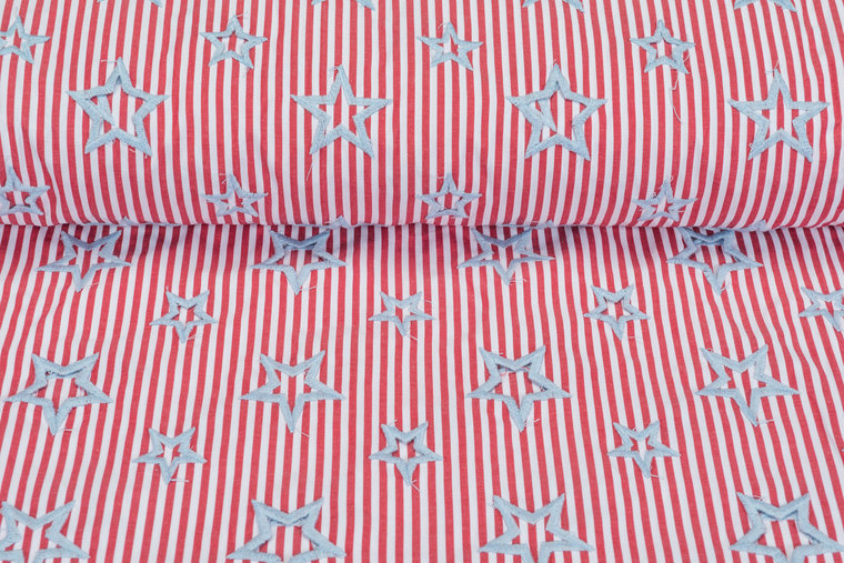 Katoen Poplin streep geborduurd ster JS363 rood-lichtgrijs