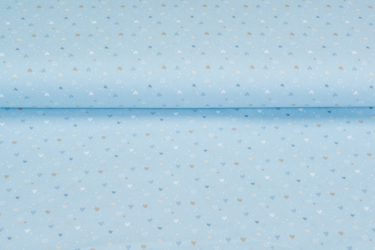 Katoen Poplin bedrukt little hearts lichtblauw
