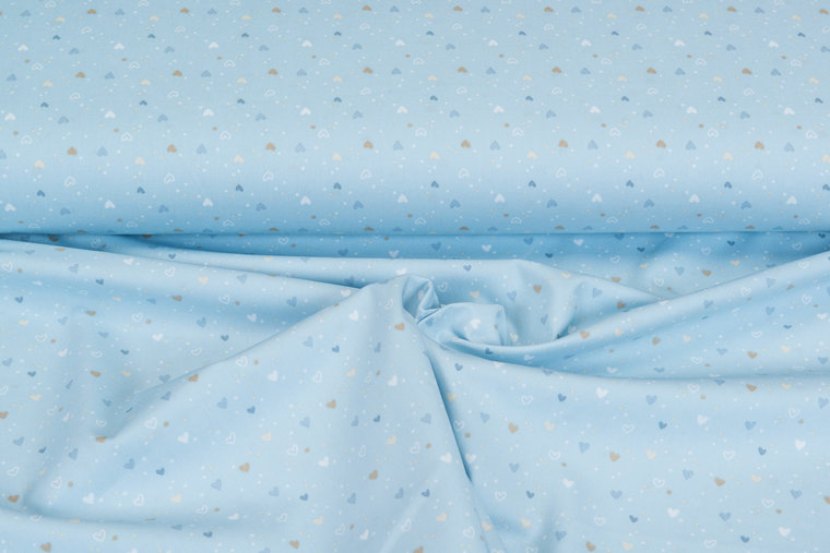 Katoen Poplin bedrukt little hearts lichtblauw