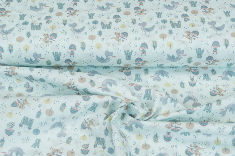 Katoen Poplin bedrukt knight dragons mint