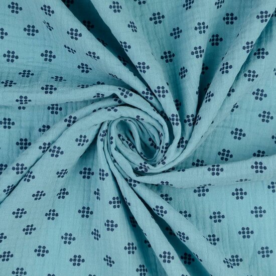 Katoenen Mousseline bedrukt puntjes turquoise