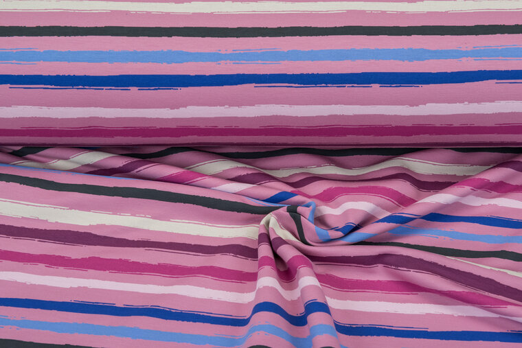 French Terry bedrukt multi stripes oudroze