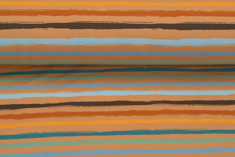 French Terry bedrukt multi stripes okergeel