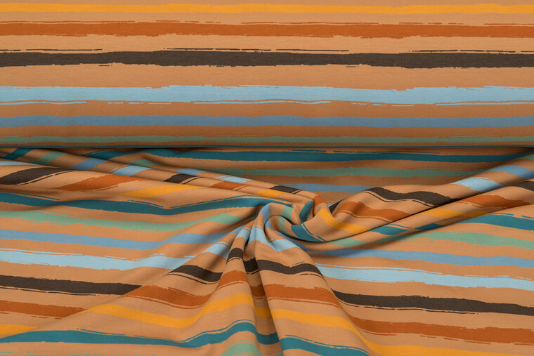 French Terry bedrukt multi stripes okergeel
