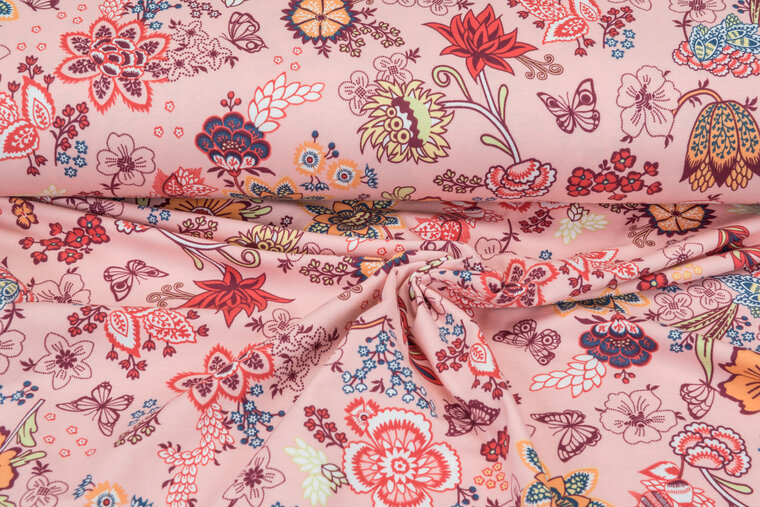 Katoenen Tricot bedrukt colorful retro roze