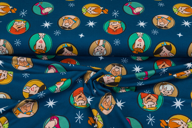 Katoenen Tricot bedrukt flintstones blauw