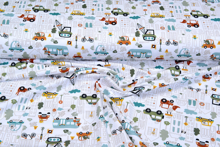 Katoenen Tricot bedrukt city cars wit
