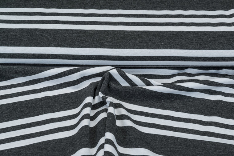 Katoenen Tricot bedrukt 3-stripes grijs-zwart
