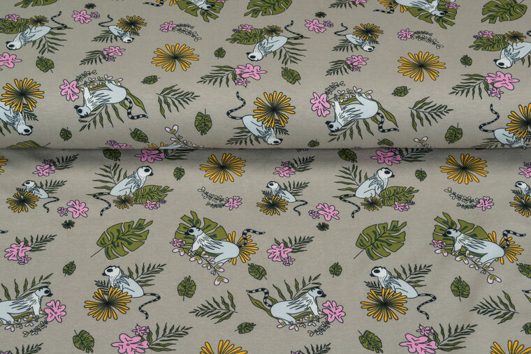 Katoen Tricot bedrukt Flower Lemur taupe