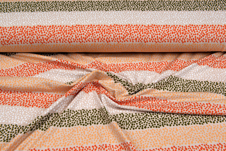 Katoenen Tricot bedrukt colorful stripes oranje-goen