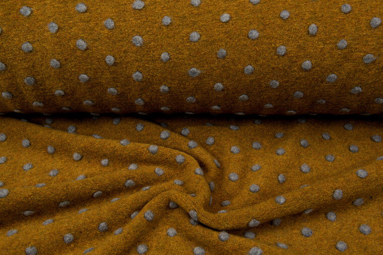 Boiled wool fluffy small dots okergeel-grijs