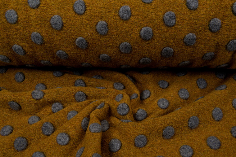 Boiled wool fluffy big dots okergeel-grijs