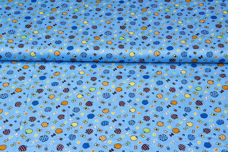 Katoen Poplin bedrukt fruit candy blauw