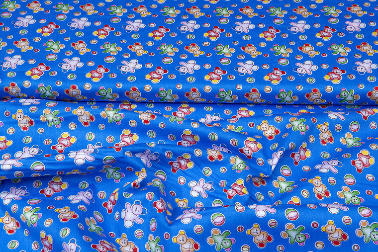 Katoen Poplin bedrukt toy bears blauw