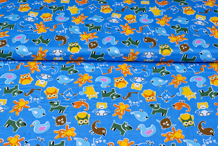 Katoen Poplin bedrukt cute animals blauw