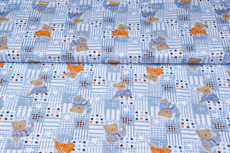 Katoen Poplin bedrukt bears with stars blauw