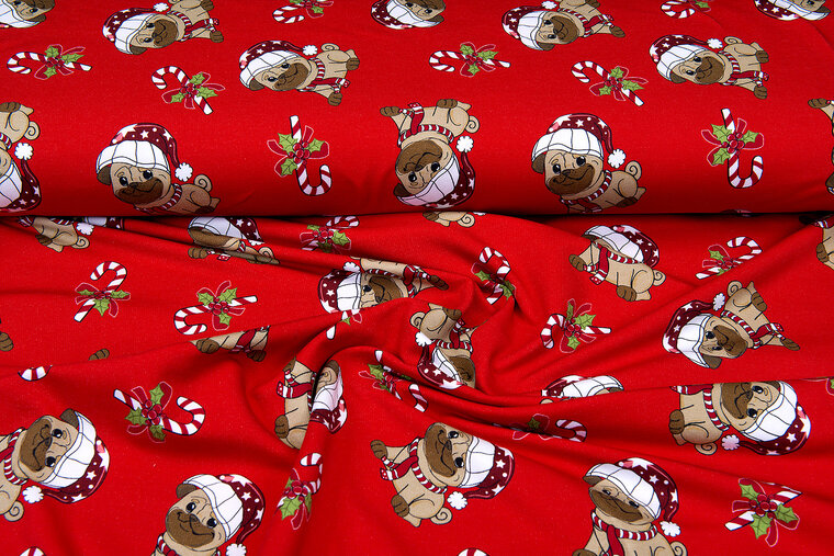 French Terry bedrukt christmas puppy rood