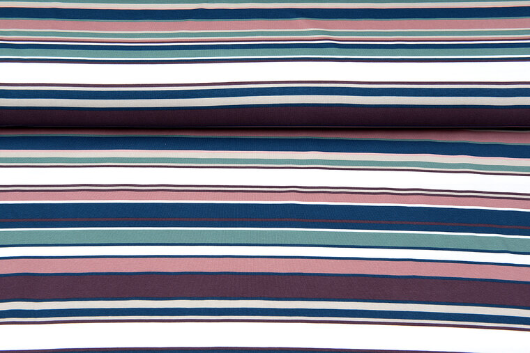 Katoenen Tricot bedrukt stripes oudroze-mint-petrol