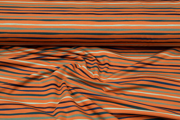 French Terry bedrukt stripes roest-oranje