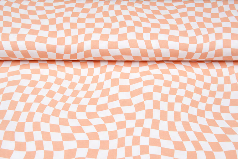 Katoenen Tricot bedrukt graphic squares zalmroze