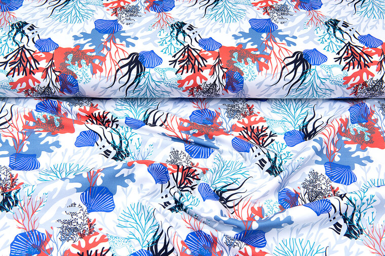 French Terry bedrukt coral wit-blauw