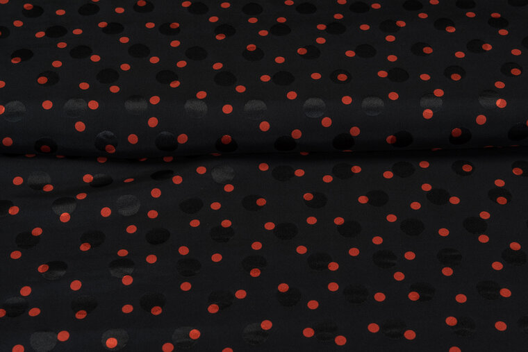 Satijn bedrukt dots zwart-roest oranje