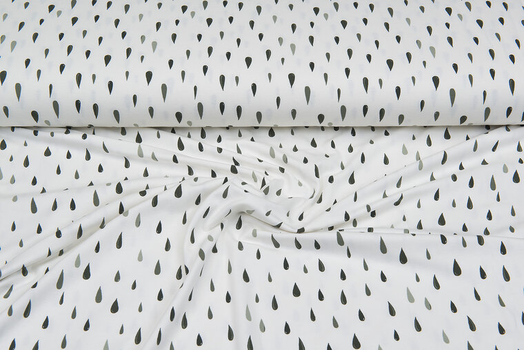 Katoenen Tricot bedrukt raindrops off-white donkergroen-mint