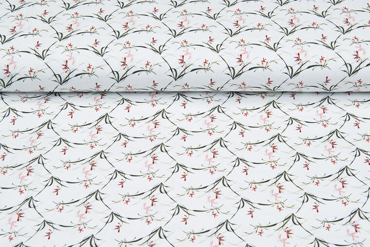 Katoenen Tricot bedrukt digitaal flower grass wit