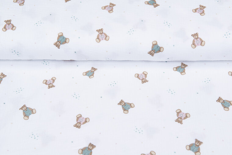 Katoenen mousseline bedrukt little bears wit