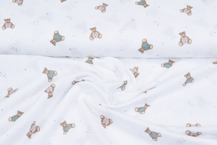 Katoenen mousseline bedrukt little bears wit