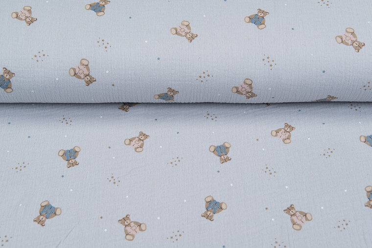 Katoenen mousseline bedrukt little bears grijs